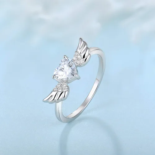 Vista 3 de STARCHENIE Anillo de compromiso de plata de ley 925 con forma de corazón y alas de ángel para mujer, talla 5-10