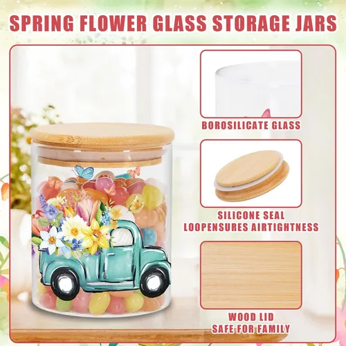 Vista 3 de JarThenaAMCS 3 Frascos de Almacenamiento de Vidrio Floral de Primavera con Tapa Hermética Tulipán Flor Gnomo Camión Mariposa Juegos de Recipientes