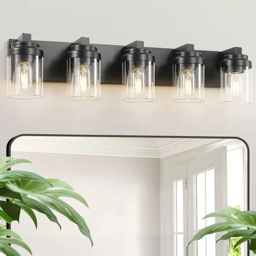 Vista 10 de Luces de tocador, lámparas de baño de 38 pulgadas sobre espejo, 6 luces de tocador de baño con pantalla de vidrio transparente, lámparas de pared