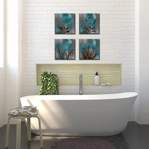Vista 5 de Biuteawal Pintura artística de pared de flores color verde azulado, azul turquesa, impresión floral sobre lienzo, 4 paneles, naturaleza muerta, obra