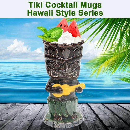 Vista 5 de SuproBarware Tiki - Juego de tazas de cóctel de 10.1 fl oz, coloridas tazas de cóctel de cerámica, decoración hawaiana para fiestas exóticas