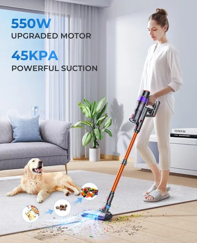 Vista 3 de Fieety Aspiradora inalámbrica, 550 W, 45 KPA, aspiradora inalámbrica con batería recargable de 60 minutos, pantalla táctil LED, aspiradoras de mano
