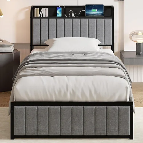 Vista 9 de VECELO Marco de cama Full, cabecera tapizada con almacenamiento y estación de carga, marco de cama de plataforma, listones de metal resistente,