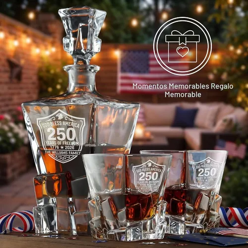 Vista 9 de Juego de decantador de whisky personalizado para el 250 aniversario Rocks, regalo de independencia de Estados Unidos 250 para hombres, nombre