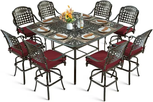 Vista 18 de Juego de barra para exteriores de 10 piezas, muebles de bar de aluminio fundido para todo tipo de clima con 8 taburetes de bar giratorios Bronce