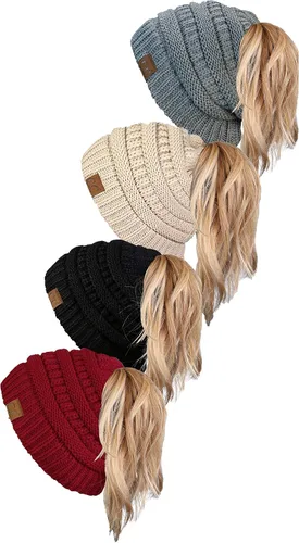 Vista 10 de Funky Junque Gorro para mujer con diseño de moño desordenado, color liso y acanalado