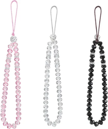 Vista 8 de Weewooday Correa de cordón para teléfono celular, 3 piezas, abalorios de cristal brillantes, correa de muñeca con cuentas para mujer