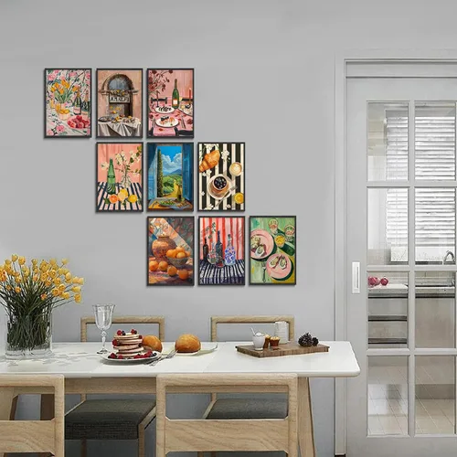 Vista 3 de 9 piezas de arte de pared de cocina coloridos alimentos para decoración de pared, fotos, bebidas, frutas, bar, carrito, lienzo, impresiones
