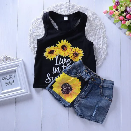 Vista 2 de Bbay - Conjunto de ropa de verano para niñas de 2 a 7 años de edad, chaleco a rayas con volantes, camiseta y pantalones cortos