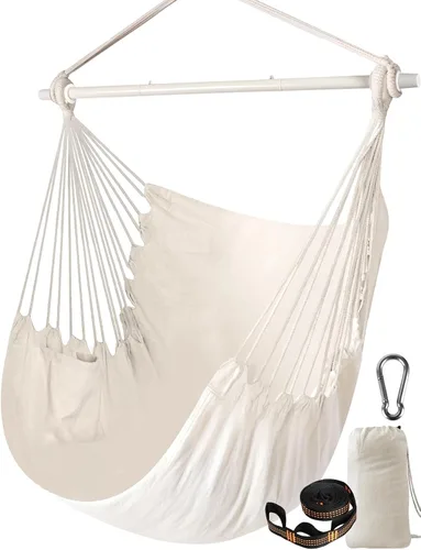 Vista 8 de Chihee - Hamaca con columpio de silla - Metal fuerte, plegable, portátil, máximo 500 libras, asiento cómodo, para patio y césped, mezcla de algodón