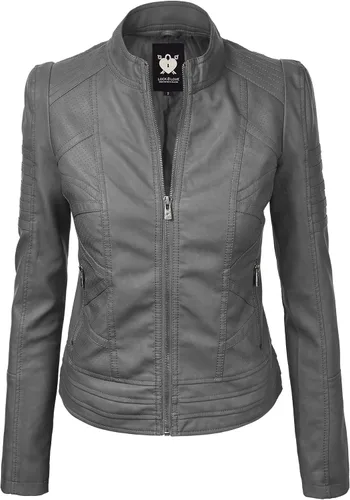 Vista 42 de Lock and Love Chaqueta Abrigo de Moto Motociclista de Piel Sintética para Mujer con Capucha Extraíble o No Extraíble Wjc1044_negro