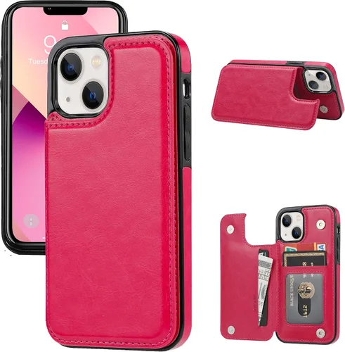 Vista 15 de Funda tipo cartera compatible con iPhone 13, funda protectora delgada con tarjetero, cuero PU con soporte y ranuras para tarjetas con un cristal