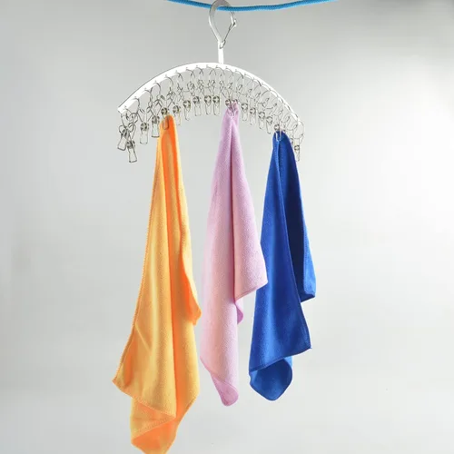 Vista 6 de JDYOOMI Paquete de 2 perchas de acero inoxidable para secar ropa a prueba de viento con 20 clips para secar calcetines, toallas, pañales