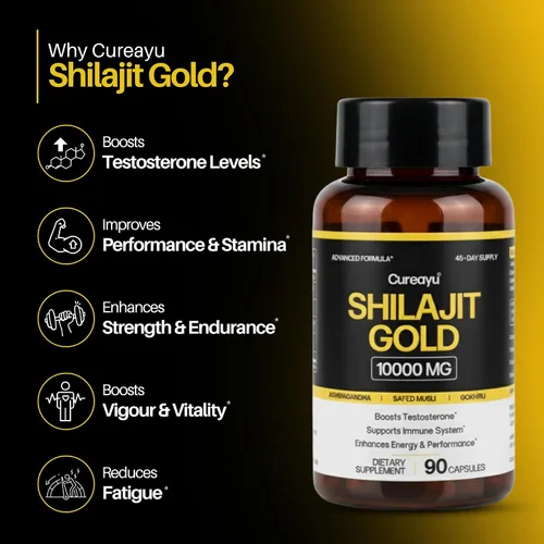 Vista 2 de Shilajit Gold Cápsulas 10000 mg de Shilajit para hombres y mujeres con musli, ashwagandha y gokhru seguro (blanco) Apoyo de energía, resistencia