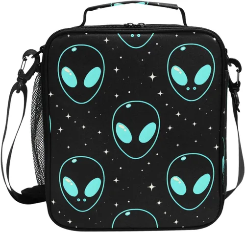Vista 33 de Lonchera con patrón de cuadros blancos y negros, bolsa de almuerzo aislada, bolsa de preparación para niños, correa de hombro congelable a001