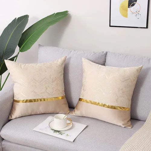 Vista 2 de Juego de 2 fundas de almohada decorativas de 20 x 20 pulgadas, de cuero beige dorado a rayas, jacquard, funda de cojín cuadrada moderna de lujo