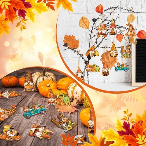 Vista 4 de FairySandy 36 piezas de decoración y adornos de árbol de otoño, gnomos de Acción de Gracias, adornos colgantes de madera, calabazas, hojas, flores