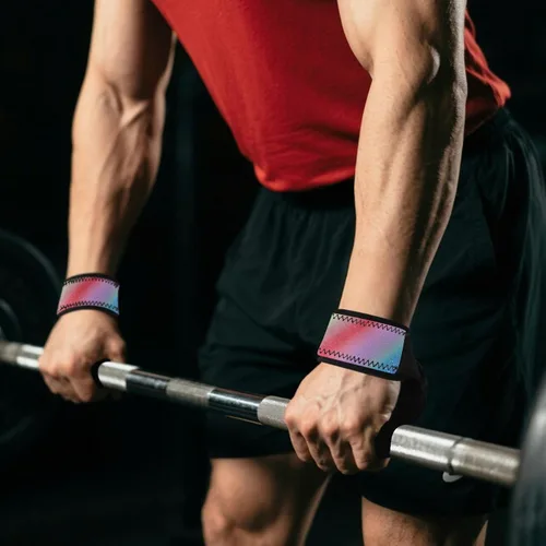 Vista 7 de Correas de elevación antideslizantes con purpurina arcoíris degradadas para gimnasio, levantamiento de pesas, levantamiento de pesas, ejercicio