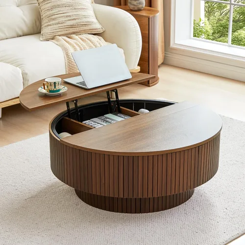 Vista 10 de Mesa de café redonda de 31.5", Mesa de centro moderna con acento acanalado y marco de metal, mesas de café de madera redondas para sala de estar