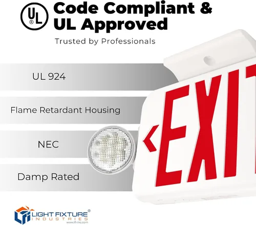 Vista 4 de LFI Lights® - Señal de salida roja combinada con luces de emergencia Carcasa blanca Todos los LED Dos cabezales redondos ajustables cableado