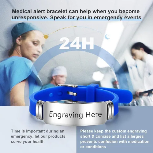 Vista 134 de OPALSTOCK Pulseras médicas personalizadas de silicona ajustable para identificación de emergencias, grabado gratuito, 9 pulgadas, resistente al