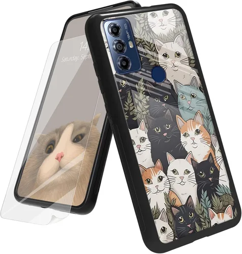 Vista 86 de Funda para Motorola Moto G Play 4G 2024 con protector de pantalla, parte trasera de vidrio templado + funda de silicona suave TPU absorción