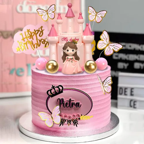 Vista 6 de 19 piezas Decoración de pastel de princesa con castillo, mariposas y bolas para suministros de cumpleaños de princesa (rosa)