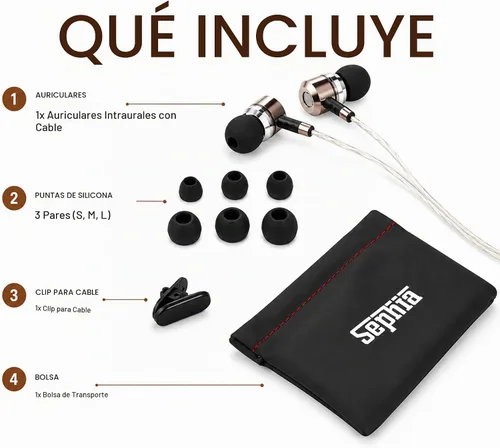 Vista 8 de Sephia SP3060VC - Auriculares con cable y micrófono, auriculares intrauditivos con graves profundos y aislamiento de ruido, controladores de 10mm