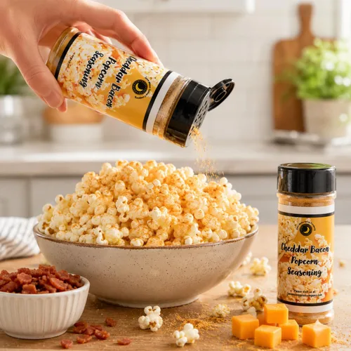 Vista 7 de Condimento para palomitas de maíz con tocino y cheddar, coctelera grande, hecho en lotes pequeños, de primera calidad, condimento sabroso