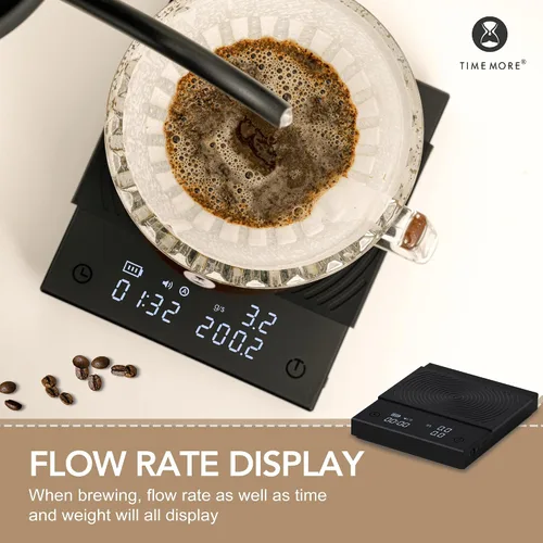 Vista 2 de Báscula de café TIMEMORE Basic 2.0 con temporizador, báscula de espresso de espejo negro con función de tasa de flujo, 2000g/0.1g de alta precisión