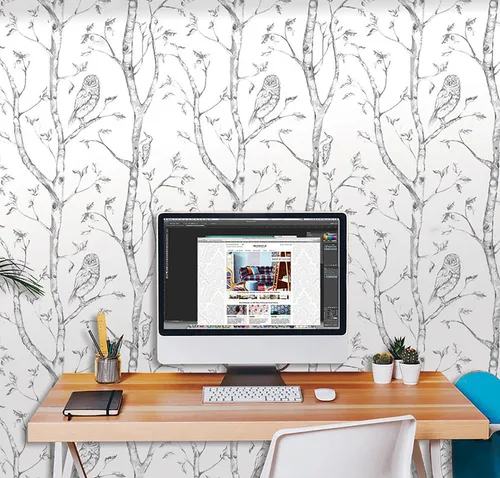 Vista 5 de Papel tapiz adhesivo con diseño de bosque de Brewster, Gris, NU1412
