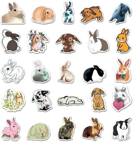 Vista 3 de Lindas 50 calcomanías de conejo de dibujos animados, calcomanías de conejo, vinilo impermeable, paquete colorido surtido para niños, adolescentes