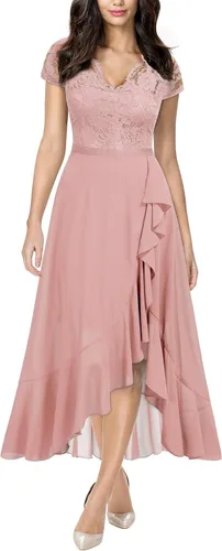 Vista 9 de Miusol - Vestido largo elegante de mujer con vuelos de encaje y cuello en V para damas de honor negro (C-BLACK)