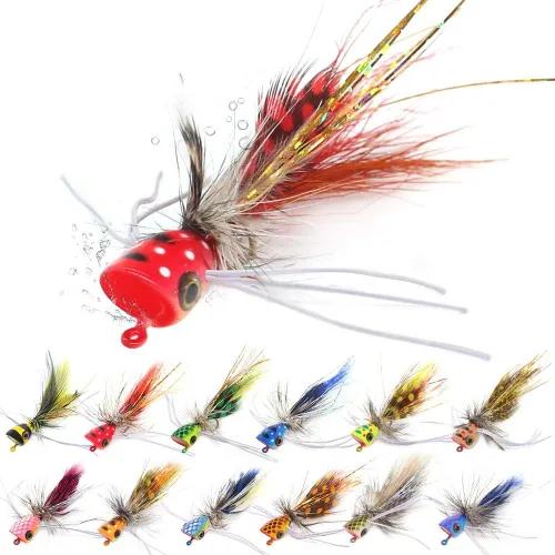 Vista 8 de Popper-Flies-para-mosca-pesca-topwater-panfish-bluegill-bajo-poppers moscas insectos señuelos A-Bass Poppers Flies-12pcs
