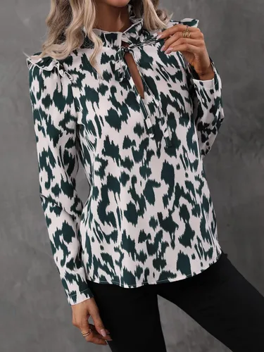 Vista 4 de OYOANGLE Blusa de manga larga con estampado floral y ribete de volantes para mujer