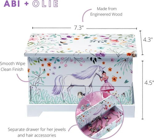 Vista 6 de ABI + OLIE Joyero de unicornio de bailarina para niñas y niñas pequeñas, joyero para niños y caja de música para niñas, organizador musical