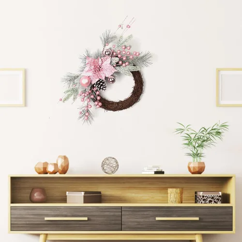 Vista 3 de Corona de Navidad con adornos de bolas para decoración de puerta delantera (corona rosa, 17.7 in)