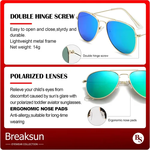 Vista 7 de Breaksun Lentes de sol polarizados de aviador para niñas y niños de 3 a 10 años, lentes de sol clásicos de aviador para adolescentes y jóvenes