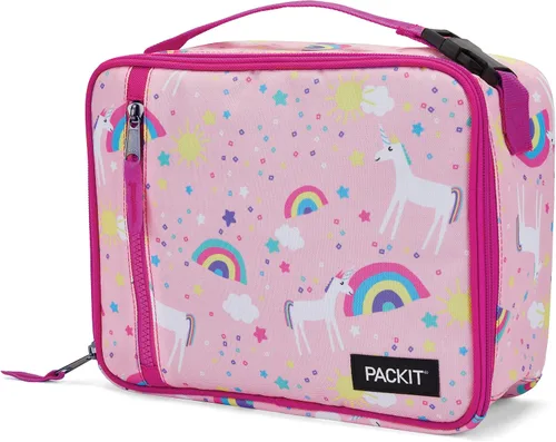 Vista 2 de PackIt Lonchera clásica congelable, color rosa cielo unicornio, fabricada con tecnología EcoFreeze, plegable, reutilizable, cierre de cremallera