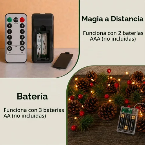 Vista 4 de Guirnalda de Navidad con luces, 6.7 pies, 20 luces LED de piña, funciona con pilas, guirnalda de Navidad con bayas rojas, guirnalda de luces
