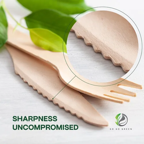 Vista 2 de Juego de cubiertos 100% compostables – 300 piezas de utensilios de madera compostables [120 tenedores, 90 cuchillos, 90 cucharas] – Cubiertos