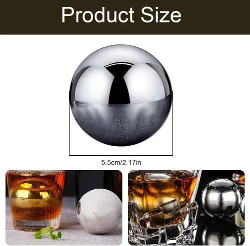 Vista 2 de Piedras de whisky, 2 piezas de cubitos de hielo de metal reutilizables, bolas de whisky redondas de acero inoxidable, bolas de whisky esféricas