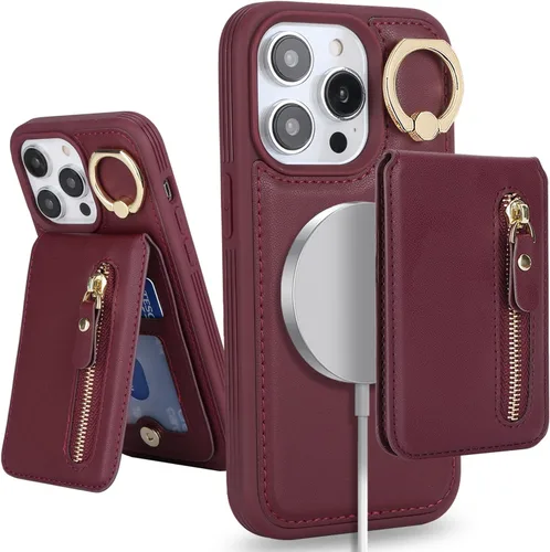 Vista 28 de para iPhone 14 Funda con soporte magnético Magsafe compatible, llavero de cuero PU plegable con soporte desmontable, funda tipo cartera 2-en-1