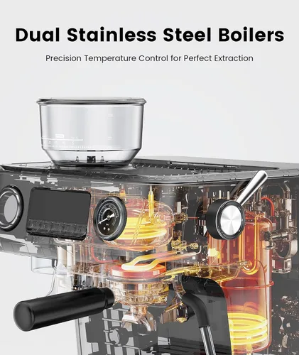 Vista 3 de Máquina de café espresso COWSAR de doble caldera con molinillo, máquinas de espresso de 20 bares con espumador de leche, cafetera de espresso