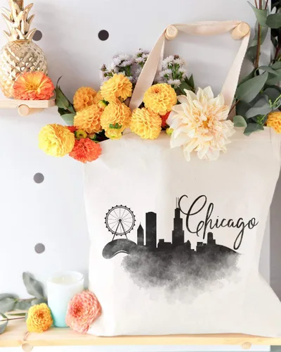 Vista 2 de The Cotton & Canvas Co. Bolso de hombro reutilizable para paisaje urbano, recuerdo, playa, compras y viajes Chicago