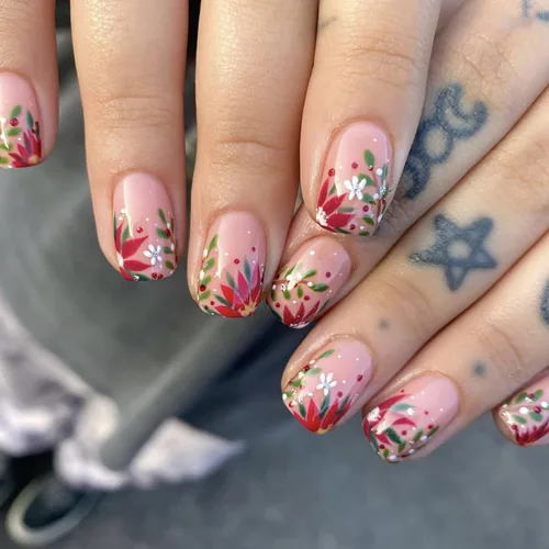 Vista 23 de Uñas postizas ovaladas a presión con puntas francesas, juego de uñas postizas cortas de flores artificiales, uñas postizas acrílicas con diseños