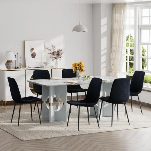 Vista 13 de Moderno juego de mesa rectangular para 4, mesa grande de mármol sintético gris de 71 pulgadas con base de metal con marco hueco, y 4 sillas