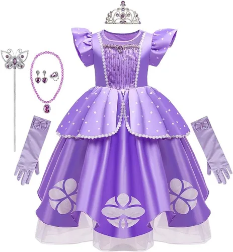 Vista 23 de REXREII Disfraz de princesa Sofía para niñas, disfraz de Halloween, Navidad, fiesta, cumpleaños, noche, vestido de baile con accesorios