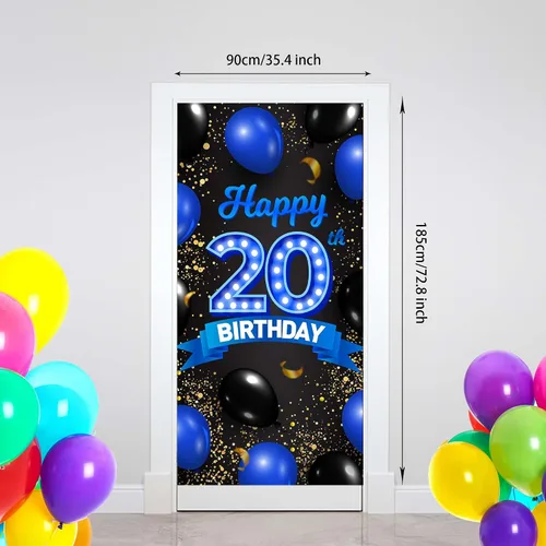 Vista 2 de Cartel de fondo azul y negro de feliz cumpleaños número 20, decoración temática de globos de confeti para niñas y mujeres de 20 años, decoraciones