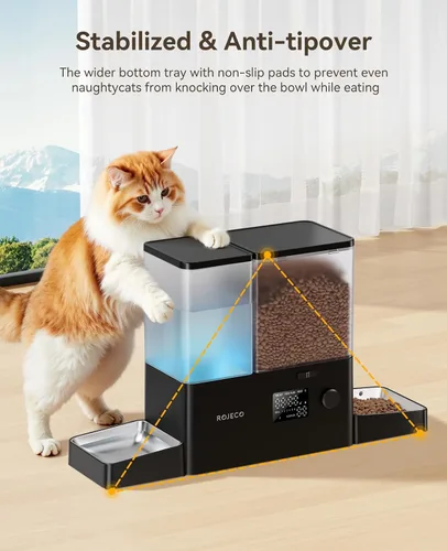 Vista 4 de Rojeco Dispensador Automático para Mascotas de 36 Tazas/8.5L y Dispensador de Agua por Gravedad, Juego de Cuencos de Acero Inoxidable 2-en-1 de Gran